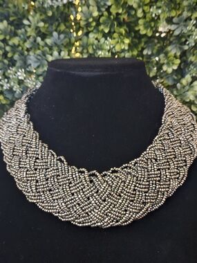 Vintage Gray Seed Bead Woven Collar Necklace